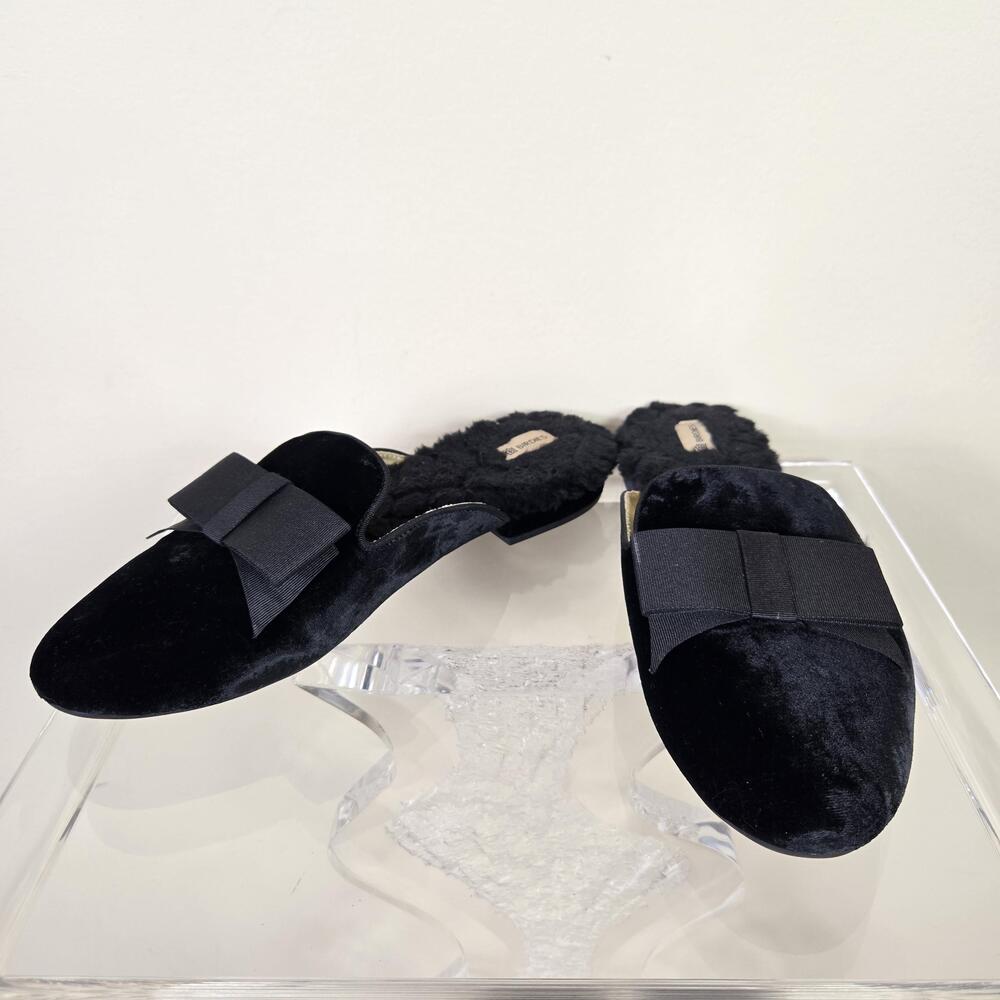 Birdies Shoes Womens Size 10 Black Velvet Slipper Mules Faux Fur Lined Bow